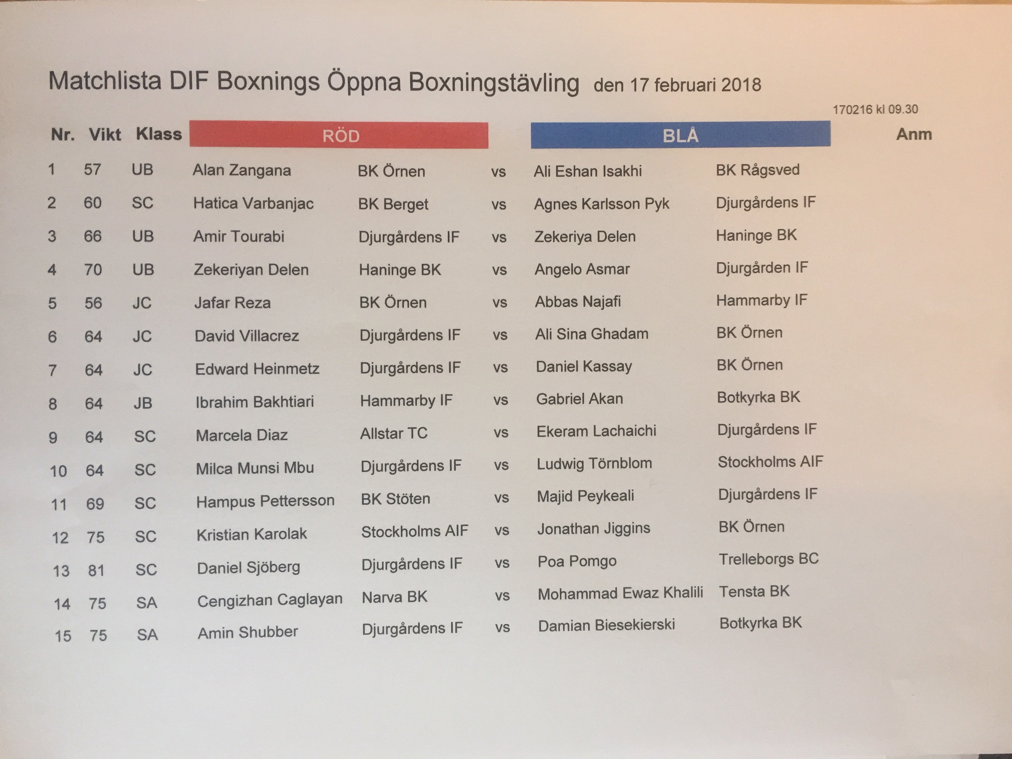 Preliminär matchlista till morgondagens boxningstävling!