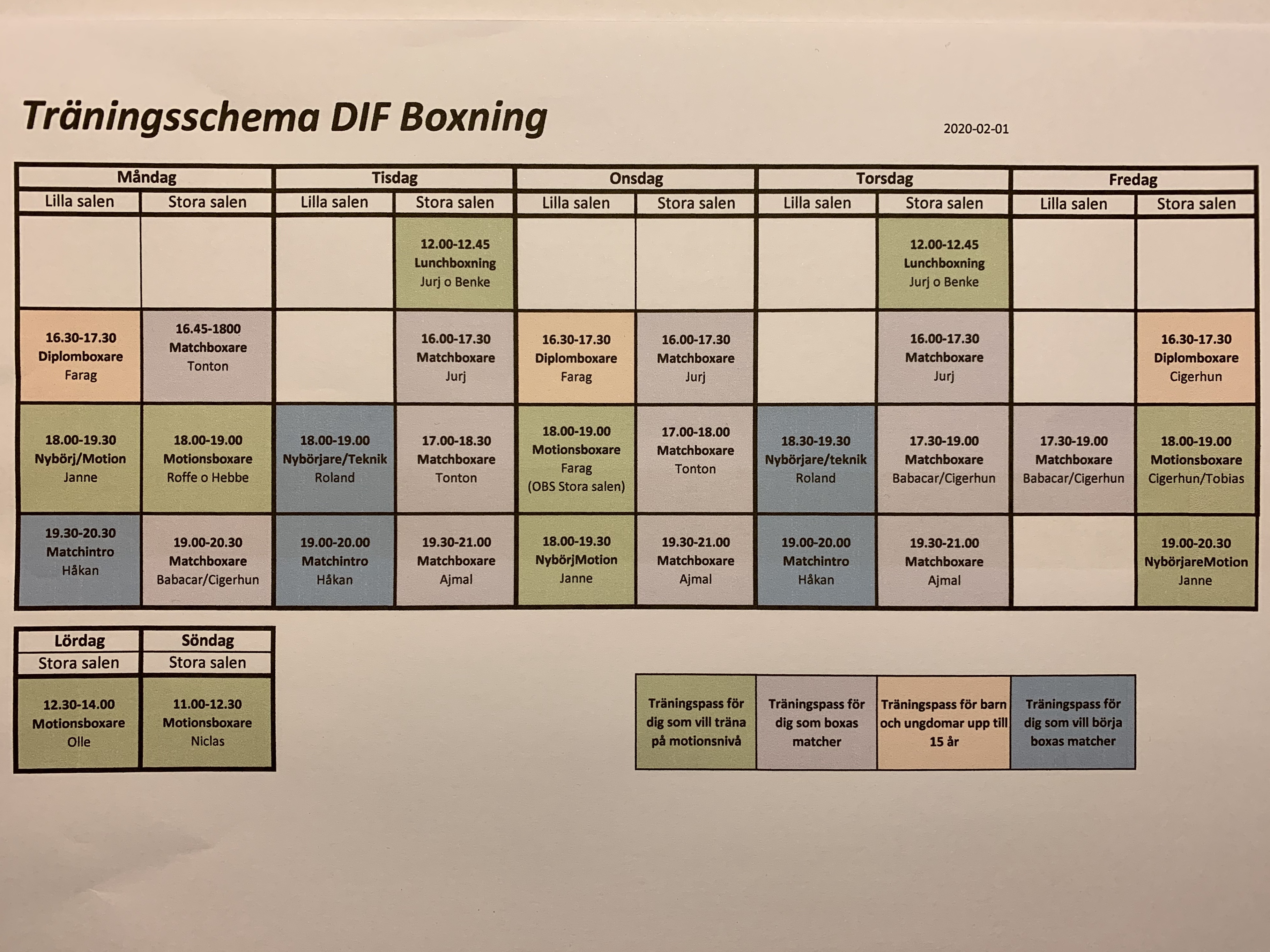 Nytt träningsschema fr o m den 3 februari.