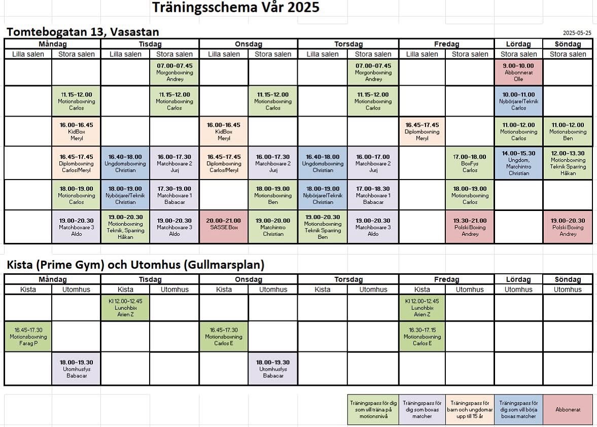 Ett par mindre ändringar i träningsschemat. Nytt sommarschema kommer i mitten av juli.